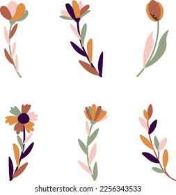 Blumen und Blätter im Boho-Stil. Vektorgrafik.