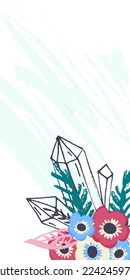 Boho style flyer, vector illustration. Vintage postcard design, romantic pattern with elements flowers, feathers. Indian and hippie banner.