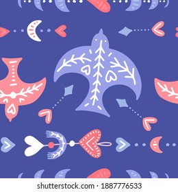Boho style Flying swallow seamless pattern with heart and moon phases. Vector flat hand drawn illustration.