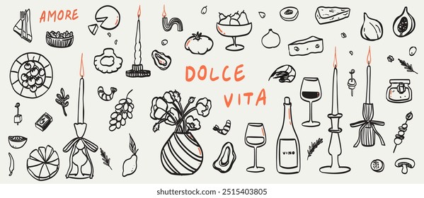 Ilustraciones vectoriales de alimentos y bebidas de estilo boho para decoración de arte de pared, logotipo y diseño de paquetes. Colección de arte de estilo italiano o francés para bodas o diseños de menú de cafetería o almuerzo.