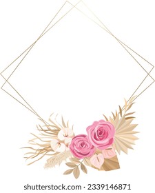 Boho-Stilrahmen mit Rosen, trockenen Blättern und orchiden Blumen