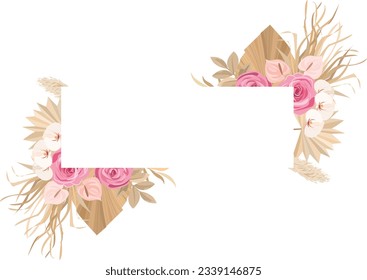 Boho style frame with roses, dry leaves and orchid flowers