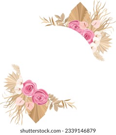 Boho style frame with roses, dry leaves and orchid flowers