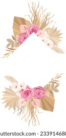 Boho style frame with roses, dry leaves and orchid flowers