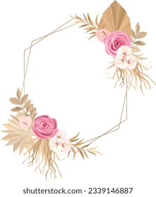 Boho style frame with roses, dry leaves and orchid flowers