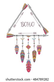 Boho Style Frame for T-shirt and Decoration. Abstract Design with Bird Feather and Arrow .
