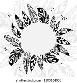 Boho style frame. Vector ethnic print design with different style feathers.