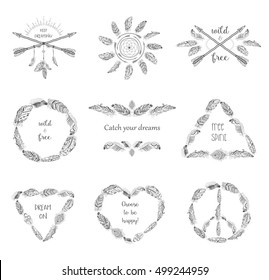 Boho Style Frames and Decorations. Set of Fashion Ethnic Designs with motivate Slogan and Quote for T-shirt, Tattoo and Card.