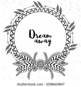 Boho style frames with ethnic hand drawn elements like feathers, flowers and arrows.
