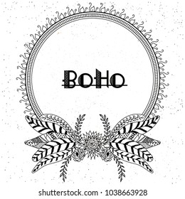 Boho style frames with ethnic hand drawn elements like feathers, flowers and arrows.