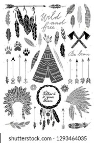Boho style free spirit vector illustrations. Indian culture graphics and ethnic elements