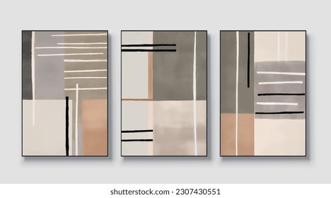 Boho style geometric vector art triptych, abstract art painting