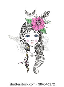 Boho Style girl. Vector illustration. Spring flowers elements, pink flower