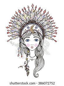 Boho Style girl. Vector illustration. Headdress with feathers color