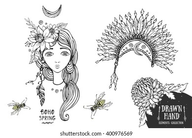 Boho Style girl. Vector illustration. Headdress with feathers 