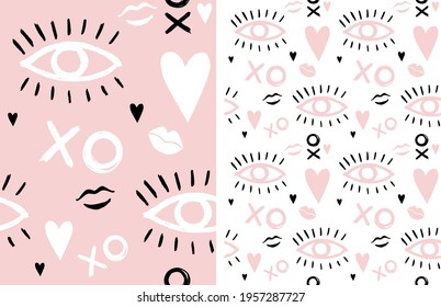 Boho Style Girly Seamless Vector Patterns Set. Hand Drawn Eyes, Lips And Hearts On A White And Pastel Pink Background. Irregular Pink-White Doodle Print.