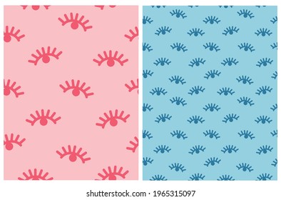 Boho Style Girly Seamless Vector Patterns Set. Red and Dark Blue Abstract Eyes on a Pastel Pink and Light Blue Background. Irregular Doodle Print ideal for Fabric, Textile, Wrapping Paper.