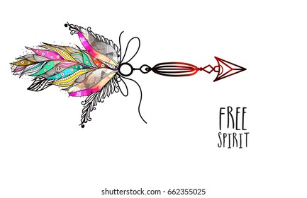 Boho style glossy arrow with colorful ornamental feathers, Creative hand drawn ethnic element.