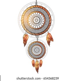 Boho style glossy ornamental Dream Catcher with tribal pattern. Creative hand drawn ethnic decorative element.