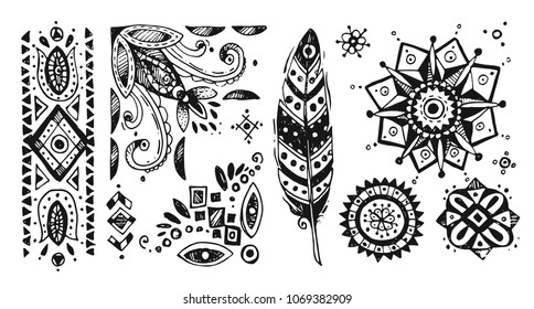 Boho style graphic elements. Beautiful hand drawn illustration. Trible nature pattern for your design.