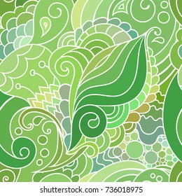 Boho style green textile pattern with waves and curles. Colorful oriental zentangle style seamless background.