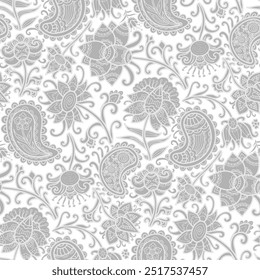 Ornamento floral gris del estilo de Boho, fondo blanco. Patrón floral sin fisuras-396.