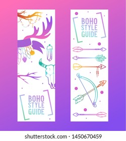 Boho style guide set of banners vector illustration. Scull, plants such as flowers with leaves, branch, feather with ornament, ethnic tribal eyes head. Free spirit bohemian wild soul.