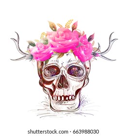 Boho style, Hand drawn colorful illustration of human skull with pink rose flowers wreath.