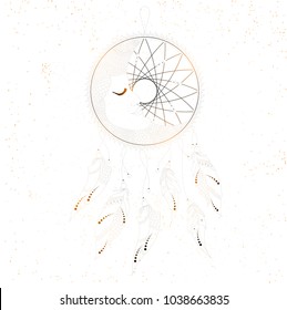 Estilo Boho dibujado a mano Dream Catcher con patrones étnicos florales, flecha y plumas.
