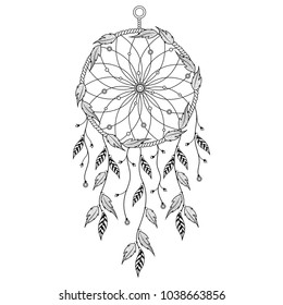 Boho Style Hand Drawn Dream Catcher With Ethnic Floral Pattern, Arrow And Feathers.