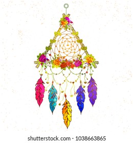 Boho style hand drawn Dream Catcher with ethnic floral pattern, arrow and feathers.