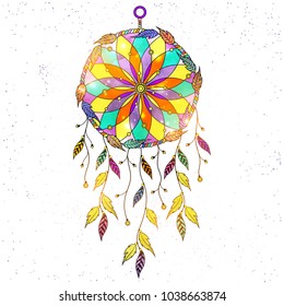 Boho style hand drawn Dream Catcher with ethnic floral pattern, arrow and feathers.