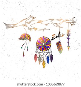 Boho style hand drawn Dream Catcher with ethnic floral pattern, arrow and feathers.
