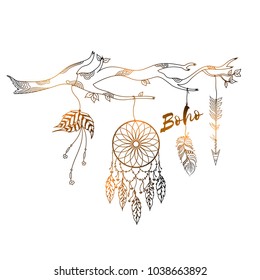 Boho style hand drawn Dream Catcher with ethnic floral pattern, arrow and feathers.