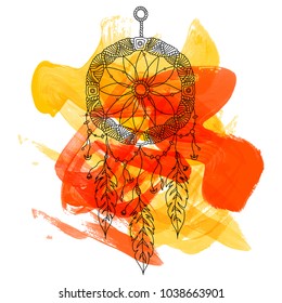 Boho style hand drawn Dream Catcher with ethnic floral pattern, arrow and feathers.