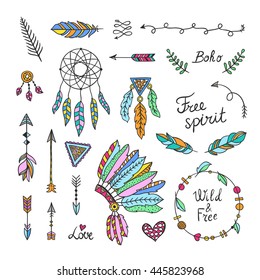 Boho Style Hand Drawn Elements. Boho Chic Tribal Free Spirit Designs With Feather And Arrows