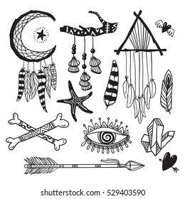 Boho style hand drawn elements. Boho chic tribal free spirit designs with feather and arrows. Vector set.