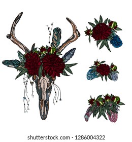 Boho style. Hand drawn ethnic bouquets, beautiful feathers and skull with flowers.