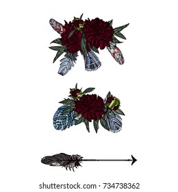 Boho style, Hand drawn ethnic arrow, bouquets and beautiful feathers. 