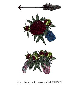 Boho style, Hand drawn ethnic arrow, bouquets and beautiful feathers. 