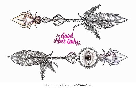 Estilo Boho, ilustración de la mano de flechas ornamentales con texto Sólo buenas vibraciones.