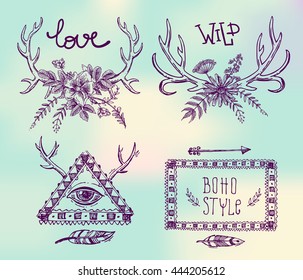 Boho Style hand drawn poster with horns, feathers and flowers.  vector illustration. 