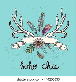 Boho Style hand drawn poster with horns, feathers and flowers. vector illustration. 