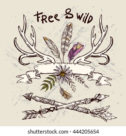 Boho Style hand drawn poster with horns, feathers and flowers.  vector illustration. 