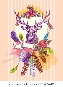 Boho Style hand drawn poster with horns, feathers and flowers.  vector illustration. 