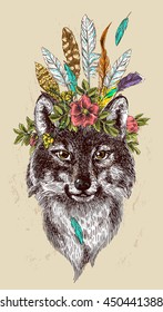 Boho Style hand drawn poster with portrait of wolf. Vector illustration. Use for t-shirt prints, postcards.