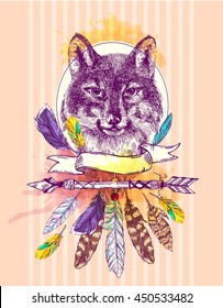 Boho Style hand drawn poster with portrait of wolf. Vector illustration. Use for t-shirt prints, postcards.