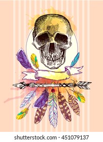Boho Style hand drawn poster with skull and feathers. Vector illustration. Use for t-shirt prints, postcards.