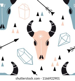 Boho style hand drawn seamless pattern. Tribal free spirit hand drawn, doodle, sketch background. Vector witch magic design elements texture. Witchcraft mystery symbols: skull, crystals, arrows