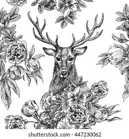 Boho Style hand drawn seamless pattern with deer and flowers. Boho vector illustration. Use for t-shirt prints, posters, boho wedding, postcards.